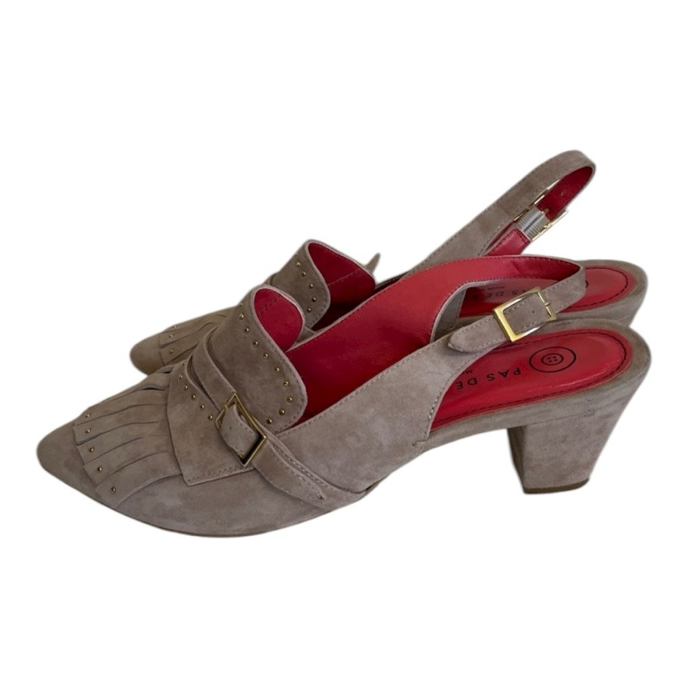 Pas de Rouge Size 7.5 Slingback Tan Beige Suede Leather 2” Heels EUC